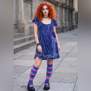 Fallen Star London Blue Velvet Dress with Floral Embroidery